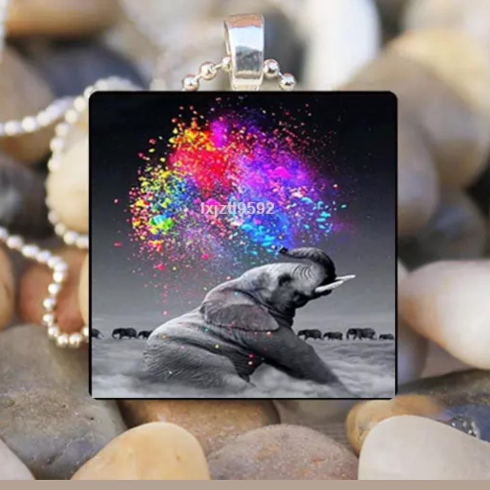 Elephant Spaying Color Glass Tile Necklace